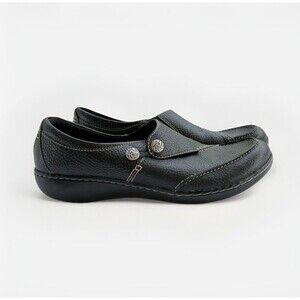 Clarks Collection Women’s Leather Button Slip-On Comfort Wedge – Size 11 Black